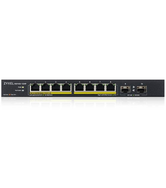 Коммутатор PoE+ Zyxel GS1100-10HP, 8xGE PoE+, 2xSFP, настольный, бесшумный, бюджет PoE 130 Вт