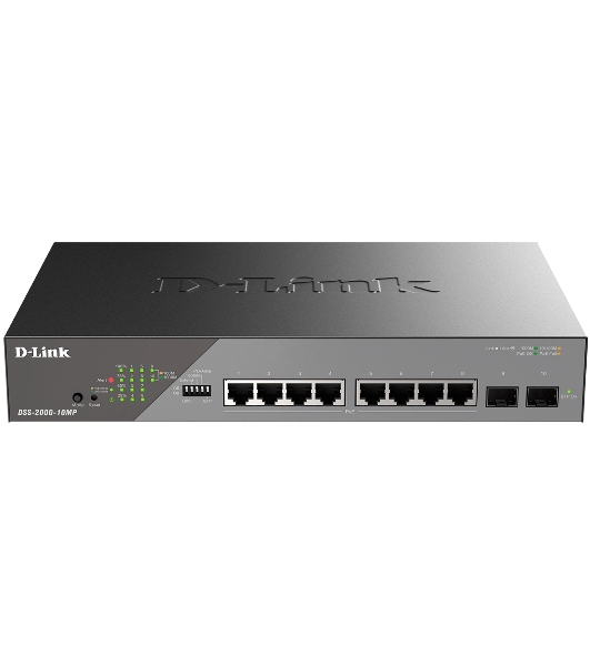 Коммутатор D-Link DSS-200G-10MP/A1A, 8×1 Гбит/с + 2×1 Гбит/с SFP, настраиваемый