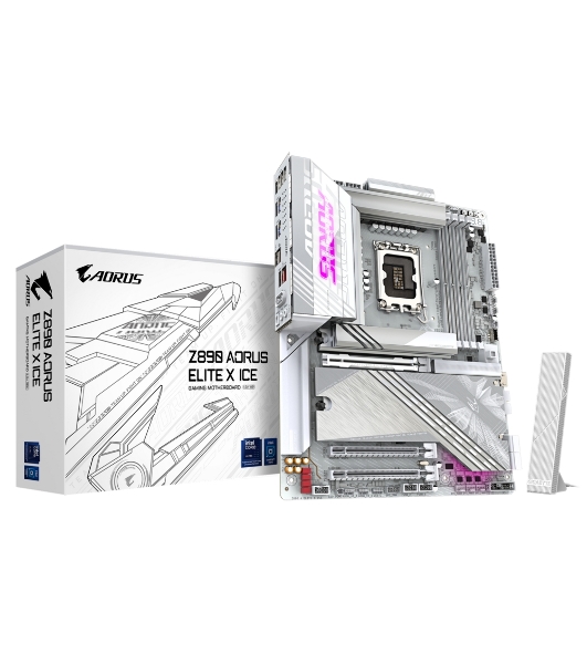 Материнская плата Gigabyte Z890 AORUS ELITE X ICE, LGA 1851, Intel Z890, 4xDDR5, 4xSATA, 5xM.2, 1xPCIe 5.0 x16, 1xPCIe 4.0 x4, 1xPCIe 4.0 x1, 1x 2.5Gb LAN, 4xUSB-A 3.2 Gen 1, 2xUSB-A 3.2 Gen 2, 4xUSB-A 2.0, 1xUSB-C (Thunderbolt 4), 2x3.5 мм, 7.1, ATX