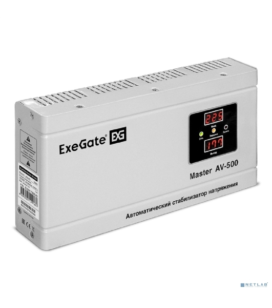 Стабилизатор напряжения ExeGate Master AV-500 (500ВА, 140-260В, цифр. индикация вход/вых. напряжения, 220В±8%, КПД 98%, 5 уровней защиты, задержка, метал.корпус, евророзетка, RTL)