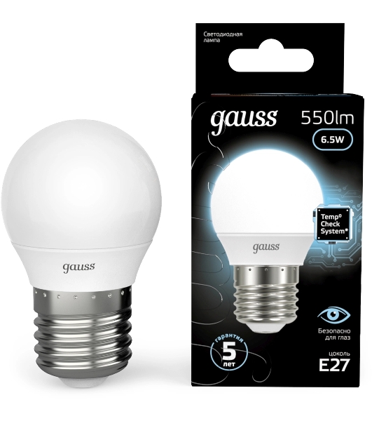 Лампа светодиодная Gauss 6.5Вт цок.: E27 шар 220B св. свеч. бел. нейт. P45 (упак.: 10 шт)