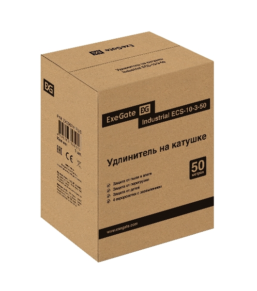 Удлинитель на катушке ExeGate industrial ECS-10-3-50 (4 евророзетки с заземлением, IP20, 50 м, защита от детей, защита от перегрузки, 3х1,0 мм2, 10А/2.3 кВт)