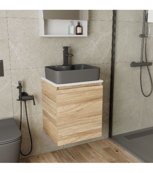 Тумба Bau Dream Blackwood 50 с дверцей, раковина BAU Cerama 48х37 темно-серая матовая, смеситель Hotel Black, черный