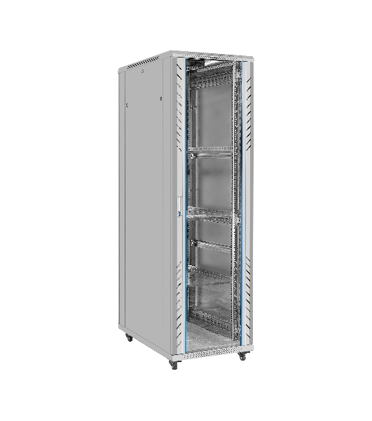 Шкаф телекоммуникационный 19' напольный 42U ExeGate EC-FS-42U.600.1000.G.V.GREY (19”, 42U, 600x1000x2054mm (ШхГхВ), передняя дверь закаленное стекло, задняя перфорированная дверь, съемные боковые панели, пыле- и влагозащита IP20, встроенный вентиляционный модуль, 1 полка в комплекте, светло-серый RAL 7035, 3 коробки)