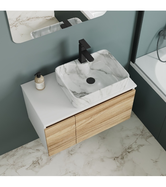 Комплект: тумба Bau Dream Blackwood 80, раковина прямоугольная BAU Cerama 48х37, мрамор, смеситель Hotel Black, черный матовый, выпуск клик клак черный