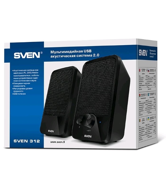 Акустическая система SVEN 312, черный 2.0, 100 – 20 000 Гц, 4Вт