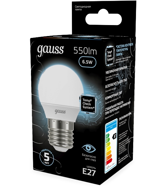 Лампа светодиодная Gauss 6.5Вт цок.: E27 шар 220B св. свеч. бел. нейт. P45 (упак.: 10 шт)
