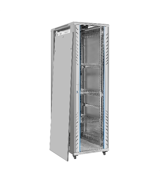 Шкаф телекоммуникационный 19' напольный 42U ExeGate EC-FS-42U.600.1000.G.V.GREY (19”, 42U, 600x1000x2054mm (ШхГхВ), передняя дверь закаленное стекло, задняя перфорированная дверь, съемные боковые панели, пыле- и влагозащита IP20, встроенный вентиляционный модуль, 1 полка в комплекте, светло-серый RAL 7035, 3 коробки)