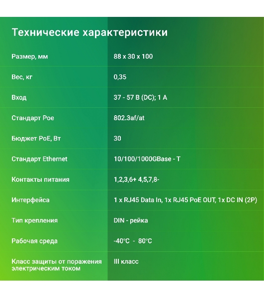 Инжектор PoE Digma DNP30W48GDXM 10/100/1000BASE-T 30Вт 37-57В(DC)