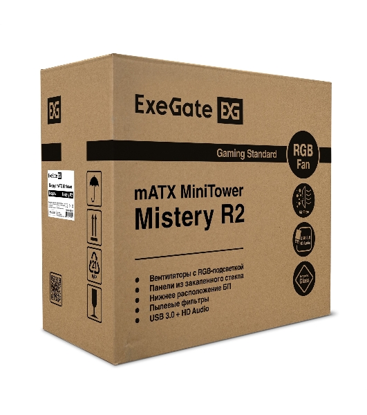 Компьютерный корпус Minitower ExeGate EX294384RUS Mistery R2 (mATX, без БП, 2*USB+1*USB 3.0, аудио, черный, 1 вент. 12см с RGb подсветкой и полоса на передней панели, боковая панель - закаленное стекло)