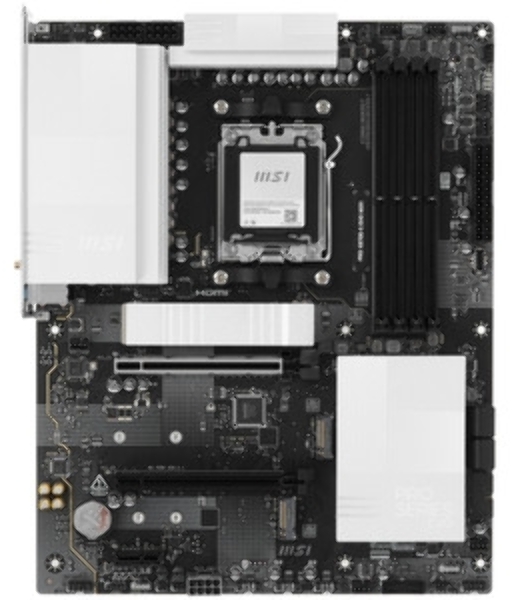 Материнская плата MSI PRO X870E-S EVO WIFI, AM5, AMD X870E, 4xDDR5 (до 256 ГБ), 4xSATA, 3xM.2 (1xPCIe 5.0, 2xPCIe 4.0), 1xPCIe 5.0 x16, 1xPCIe 4.0 x16, 1xPCIe x1, 1xHDMI, 1x5Gb LAN, Wi-Fi 7, Bluetooth 5.4, 1xUSB-C 40Gbps (USB4), 1xUSB-C 20Gbps, 2xUSB-A 10Gbps, 2xUSB-A 5Gbps, 4xUSB-A 2.0, 3x3.5 мм, 7.1, чёрный, ATX
