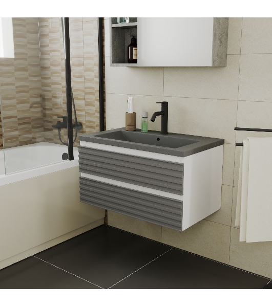 Тумба под раковину Bau Stil Loft grey brushed, раковина кварцевая BAU Stil 75, серый металлик