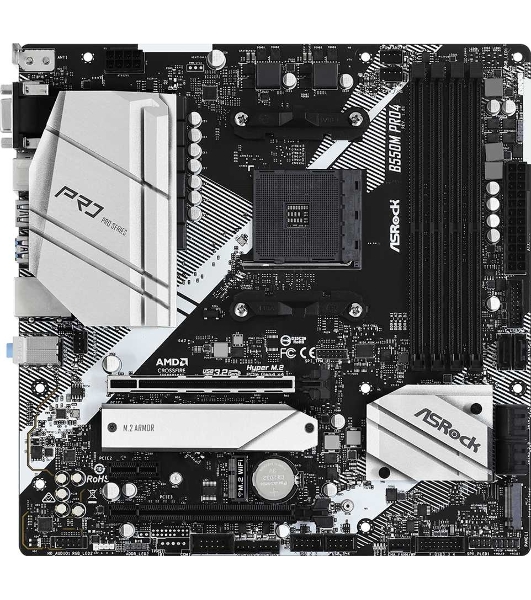 Материнская плата ASRock B550M Pro4, AM4, AMD B550, 4xDDR4, 6xSATA, 2xM.2, 1xPCI-E 3.0 x16, 1xPCI-E 4.0 x16, 1xDisplayPort, 1xHDMI, 1xVGA, 1x 1Gb LAN, 3x3.5 мм, 7.1, Micro-ATX