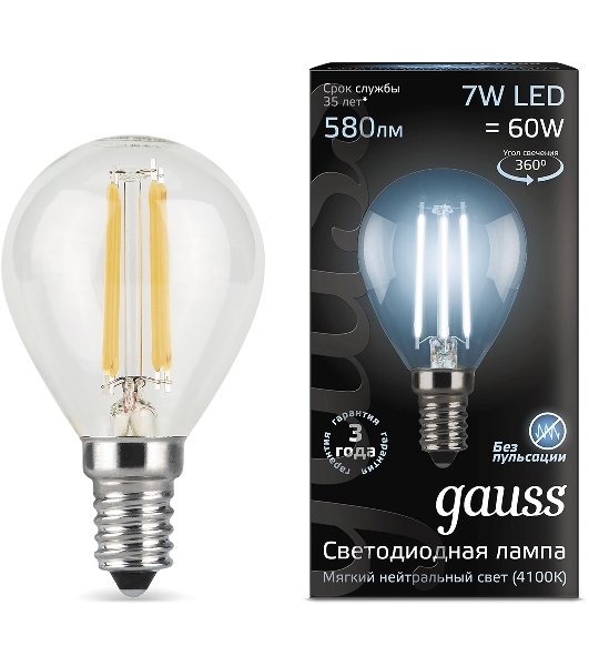 Лампа светодиодная Filament Шар E14 7Вт 4100К Gauss 105801207