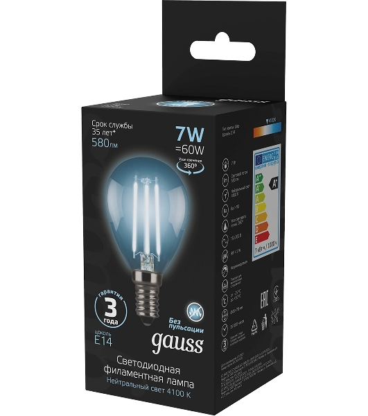 Лампа светодиодная Filament Шар E14 7Вт 4100К Gauss 105801207