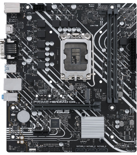 Материнская плата ASUS PRIME H610M-D D4, LGA 1700, Intel H610, 2xDDR4, 4xSATA, 1xM.2, 1xPCIe 4.0 x16, 1xPCI, 1xHDMI, 1xVGA, 1x 1Gb LAN, 2xUSB-A 2.0, 2xUSB-A 3.2 Gen 1, 3x3.5 мм, 7.1, mATX