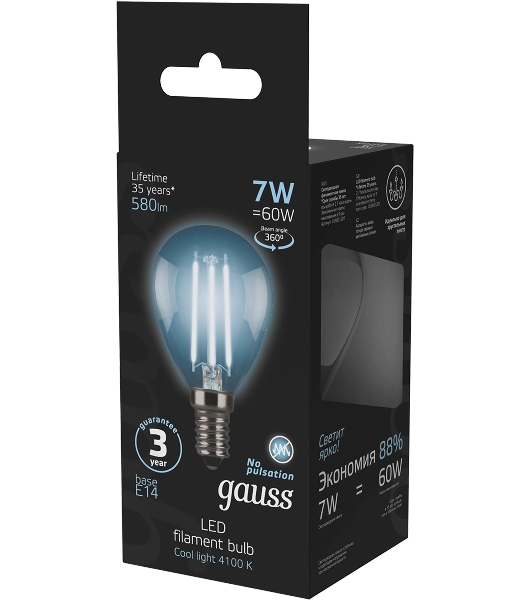 Лампа светодиодная Filament Шар E14 7Вт 4100К Gauss 105801207