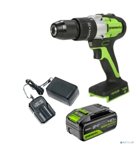 Дрель-шуруповерт GREENWORKS GD24DD60, 24 В, 0 Ач, 60 Нм, бесщеточный, ударный