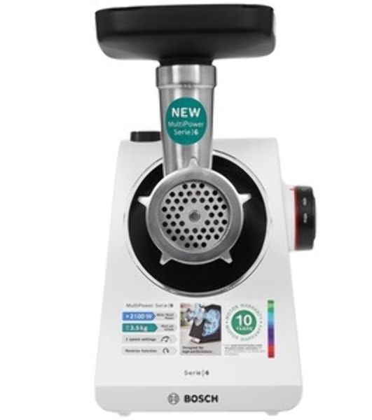 Мясорубка электрическая Bosch MFWS609W белый/черный, 2100 Вт, 3.5 кг/мин, реверс, насадки - 4