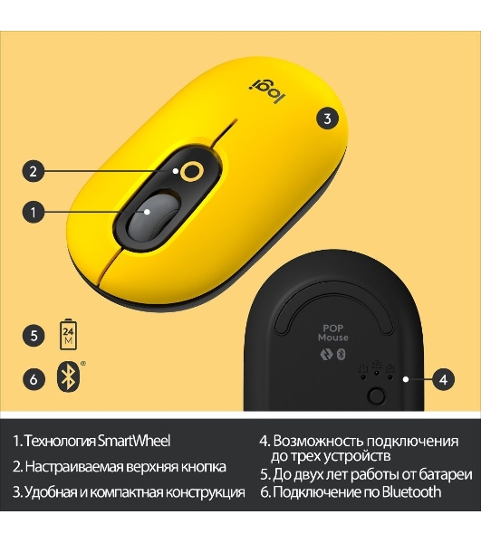 Мышь беспроводная Logitech POP Mouse желтый, 4000 dpi, Bluetooth, кнопки - 4