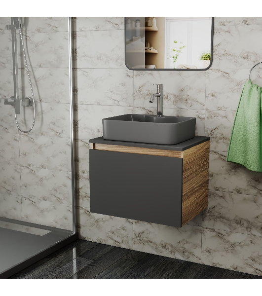 Комплект: тумба Bau Dream Blackwood графит 60, 1 ящик, раковина BAU Cerama 48х37, темно-серая, смеситель Hotel Dream, нерж сталь