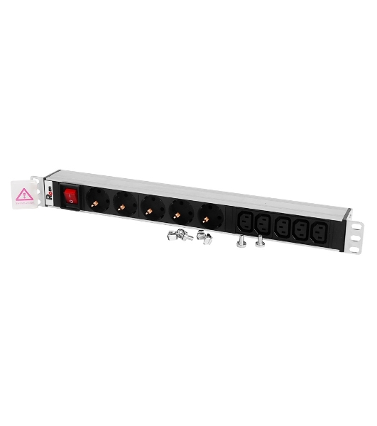 Блок розеток ЦМОRem-10 без шнура с выкл., 5 Schuko, 5 IEC 60320 C13, вход IEC 60320 C14, 10A, алюм., 19' (R-10-5S-5C13-V-440-Z)