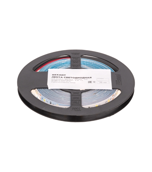 Лента светодиодная Rexant 12В, SMD2835, 9,6Вт/м, 60 LED/м, 6500K, 8мм, 5м, IP20