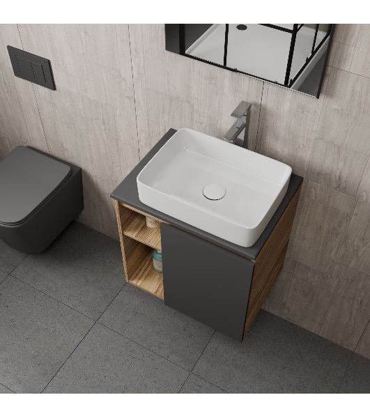 Тумба Bau Dream Blackwood 60 правая, графит, раковина BAU Hotel 48х37, смеситель для раковины высокий Hotel Still, нержавеющая сталь, выпуск клик клак, белый