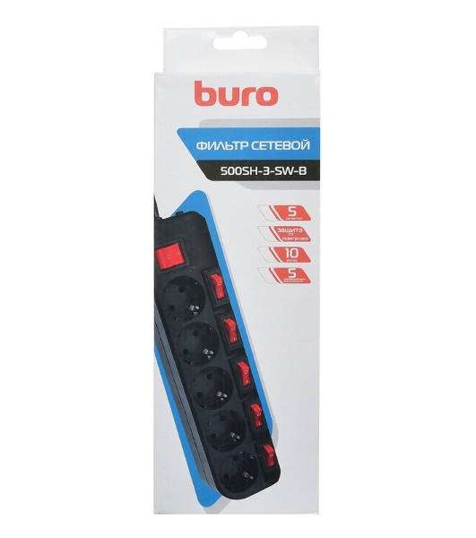 Сетевой фильтр Buro 500SH-3-SW-B 3 м, 5 розеток, черный, коробка