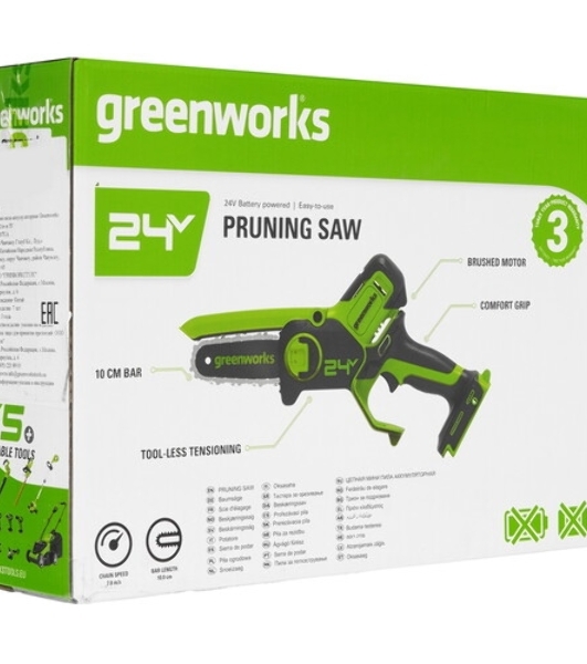 Цепная мини пила GreenWorks G24MCS10K2 аккумуляторная, 24v, 10 см, c АКБ 2АЧ и ЗУ (2008207UA)