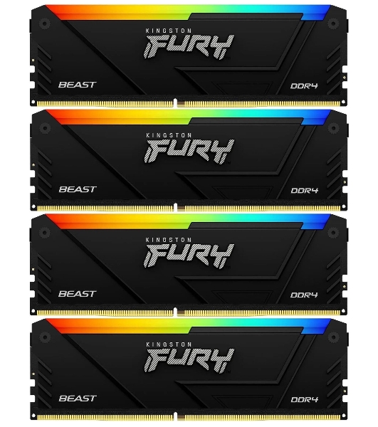 Оперативная память Kingston Fury Beast, DDR4, 32GB (4x8GB), 3200MHz, CL16, DIMM, с радиатором, RGB, черный