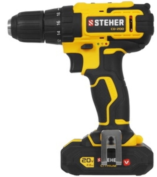 Дрель-шуруповерт STEHER CD-200-1, 20 В, 2 Ач, 45 Нм, бесщеточный