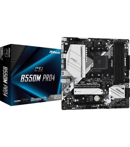 Материнская плата ASRock B550M Pro4, AM4, AMD B550, 4xDDR4, 6xSATA, 2xM.2, 1xPCI-E 3.0 x16, 1xPCI-E 4.0 x16, 1xDisplayPort, 1xHDMI, 1xVGA, 1x 1Gb LAN, 3x3.5 мм, 7.1, Micro-ATX