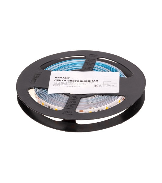Лента светодиодная Rexant 12В, SMD2835, 9,6Вт/м, 60 LED/м, 3000K, 8мм, 5м, IP20