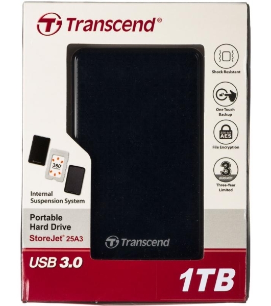 Внешний HDD 2.5' Transcend StoreJet 25A3, 1TB, USB 3.2 Gen 1 Type-A, 5400 rpm, черный