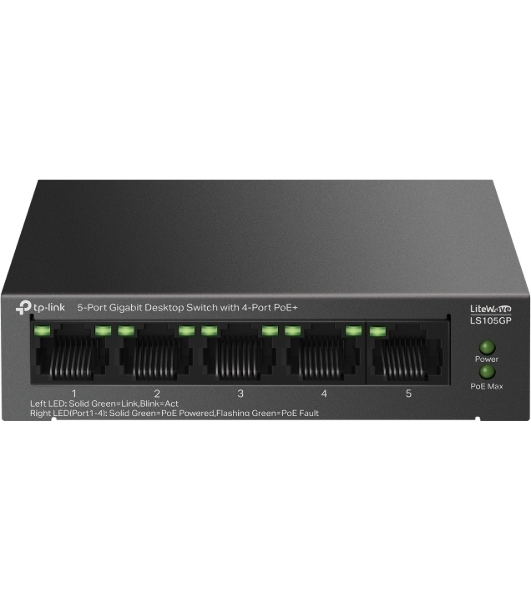 Коммутатор настольный TP-Link LS105GP с 5 гигабитными портами (4 порта PoE+)