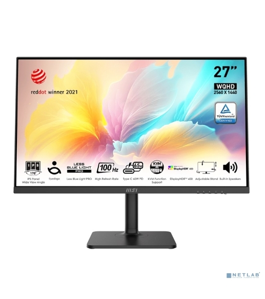 Монитор 27' MSI Modern MD272QXP IPS 2560x1440, 100 Гц, 4 мс, 16:9, 400 кд/м2, 1xHDMI, 1xDP, 1xUSB-C, 1x3.5 мм, черный