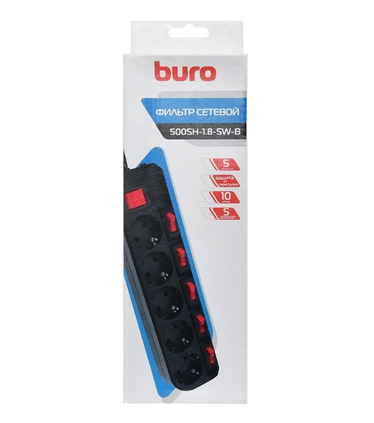Сетевой фильтр Buro 500SH-1.8-SW-B 1.8 м, 5 розеток, черный, коробка