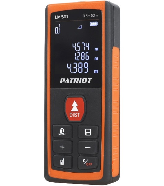 Дальномер лазерный PATRIOT LM 501, макс. дистанция 50 метров, измерение площади, объема, подсветка, память 30 изм., чехол в комплекте