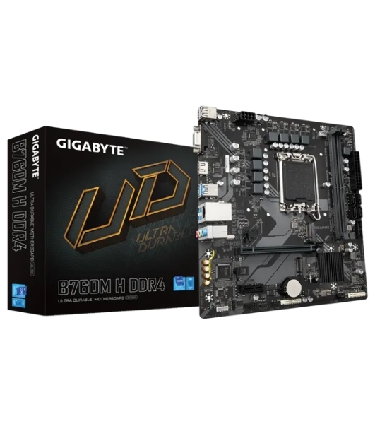 Материнская плата Gigabyte B760M H DDR4, LGA 1700, Intel B760, 2xDDR4, 4xSATA, 2xM.2, 1xPCIe 4.0 x16, 1xPCIe x1, 1xHDMI, 1xVGA, 1x 1Gb LAN, 2xUSB 2.0, 4xUSB 3.2 Gen 1, 3x3.5 мм, 7.1, Micro ATX
