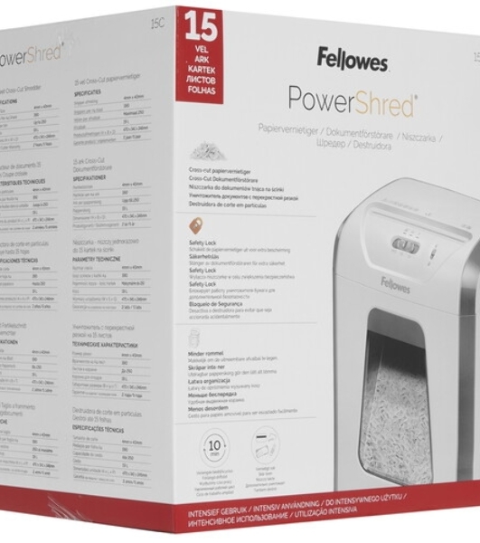 Шредер Fellowes PowerShred 15С белый (секр.P-4) фрагменты 15лист. 19лтр. скрепки скобы пл.карты