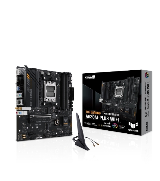Материнская плата ASUS TUF GAMING A620M-PLUS WIFI, AM5, AMD A620, 4xDDR5, 4xSATA, 2xM.2, 1xPCIe 4.0 x16, 2xPCIe x1, 2xDP, 1xHDMI, 1x 2.5Gb LAN, 4xUSB-A 2.0, 2xUSB-A 3.2 Gen 1, 3x3.5 мм, 7.1, mATX