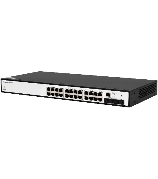 Управляемый коммутатор SNR уровня 2+, 24 порта 10/100/1000Base-T с поддержкой POE, 4 порта 1/10G SFP+, бюджет POE 370W