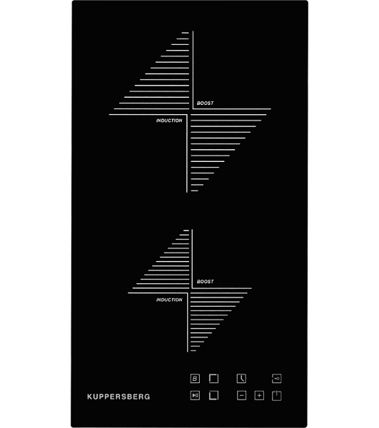 Индукционная варочная панель Kuppersberg ICO 302/домино, ширина 30 см, 2 зоны индукционного нагрева, сенсорное управление, 3 цифровых дисплея, 9 уровней мощности, таймер, автоотключение, защита от перелива, защита от детей, индикаторы остаточного тепла, Stop & Go, черный/прямой край