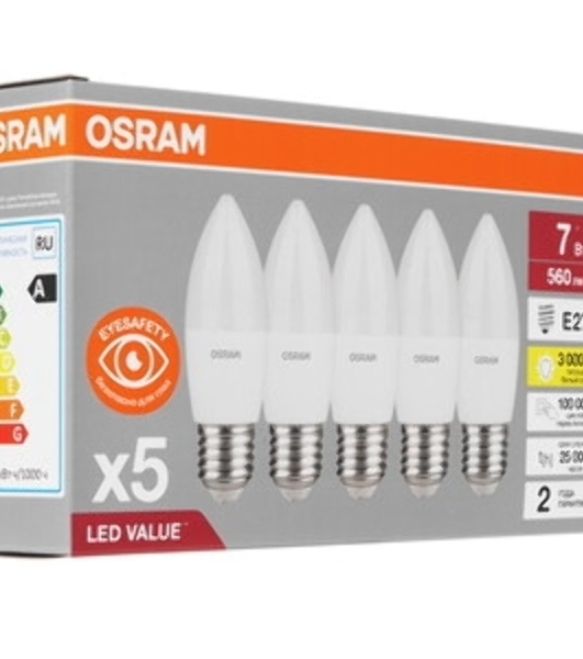 Лампа светодиодная LED Value LVCLB60 7SW/830 свеча матовая E14 230В 10х1 RU OSRAM 4058075578883