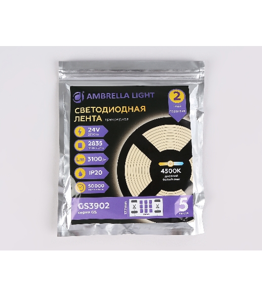 Светодиодная лента Ambrella light GS3902 2835 324Led/ 26W m/ 24V IP20 4500K/ 5000*18*1.2mm (2 конт.)
