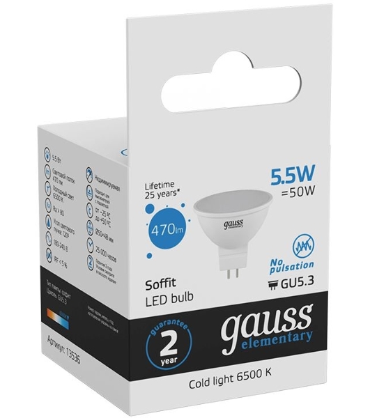 Лампа светодиодная Gauss Elementary MR16 6Вт цок.: GU5.3 спот 220B 6500K св. свеч. бел. хол. MR16 (упак.: 10 шт)