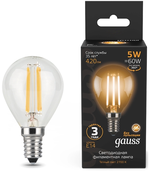Лампа светодиодная филаментная Gauss Filament 5Вт цок.: E14 свеча 220B св. свеч. бел. теп. (упак.: 10 шт)