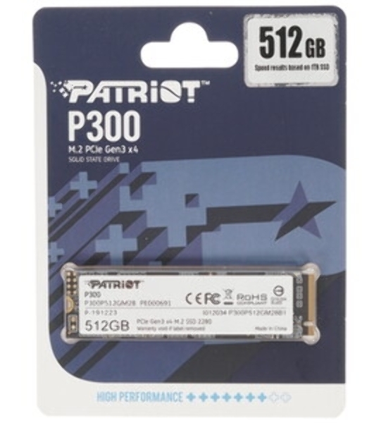 Накопитель SSD Patriot P300, 512Gb, PCIe 3.0 x4, M.2 2280, NVMe, R/W 1700/1200