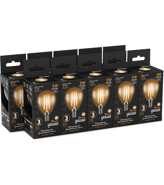Лампа светодиодная филаментная Gauss Filament 5Вт цок.: E14 свеча 220B св. свеч. бел. теп. (упак.: 10 шт)